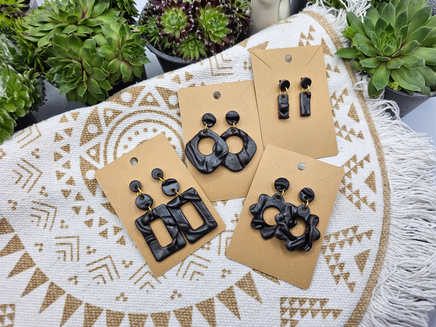 Black faux Leather Polymer Clay Earrings studs Rectangle